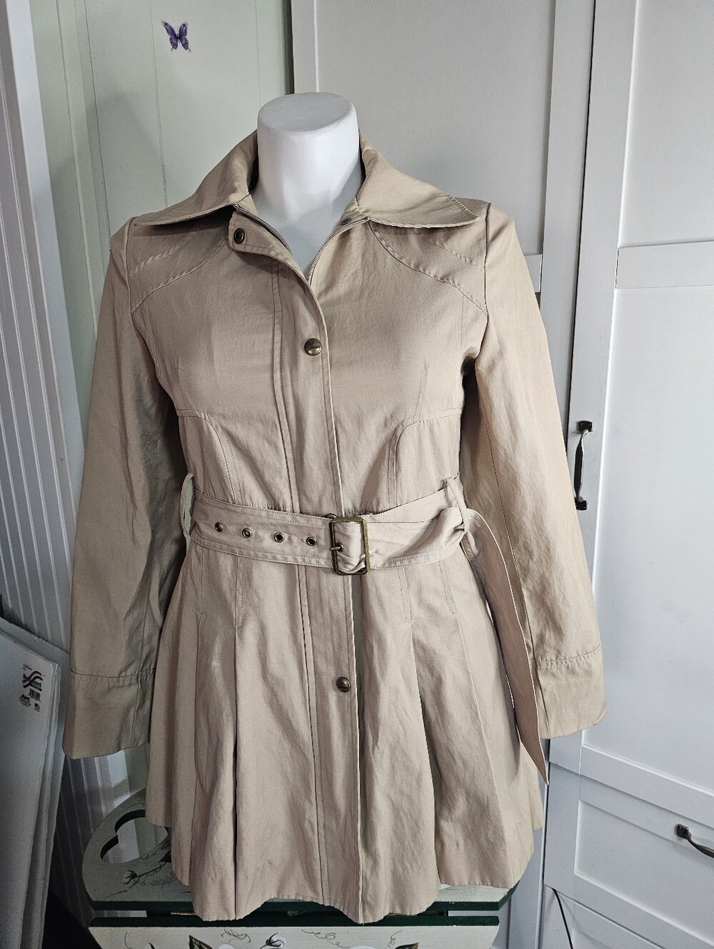 Guess Women L Beige Belted Trench Coat Jacket Zip Snap Animal Print Lining